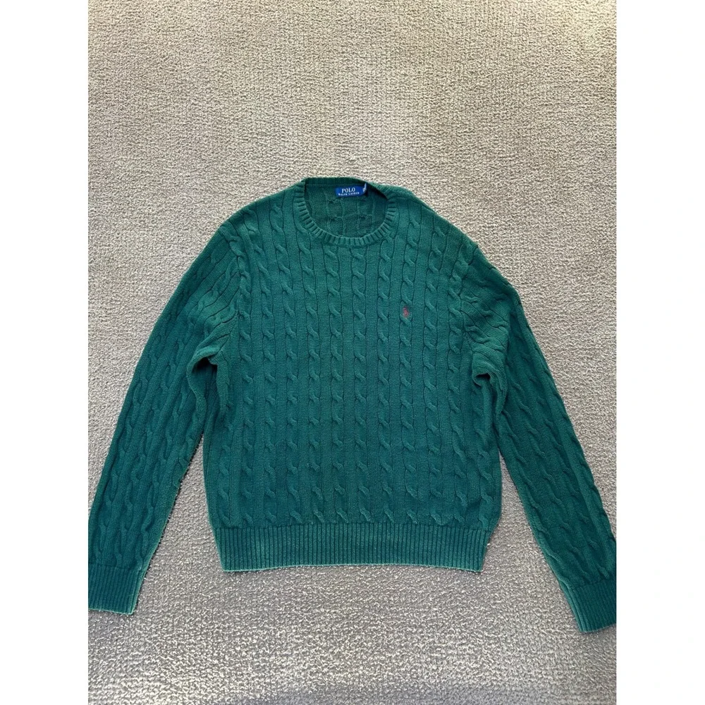 Polo Ralph Lauren Mens XXL Green Cable Knit Cotton Crew Neck Sweater Red Pony